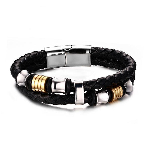Double Braided Genuine Leather Stainless Steel Bracelet - Zodeys