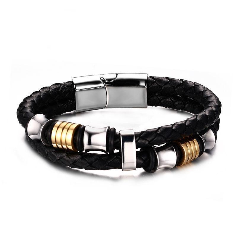 Double Braided Genuine Leather Stainless Steel Bracelet - Zodeys