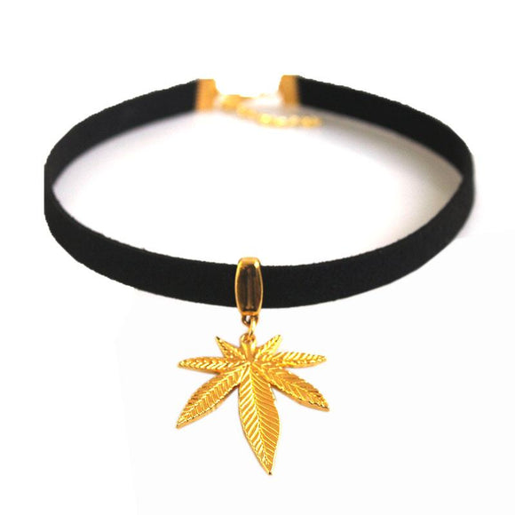 Suede Leather Gold Pot Leaf Choker
