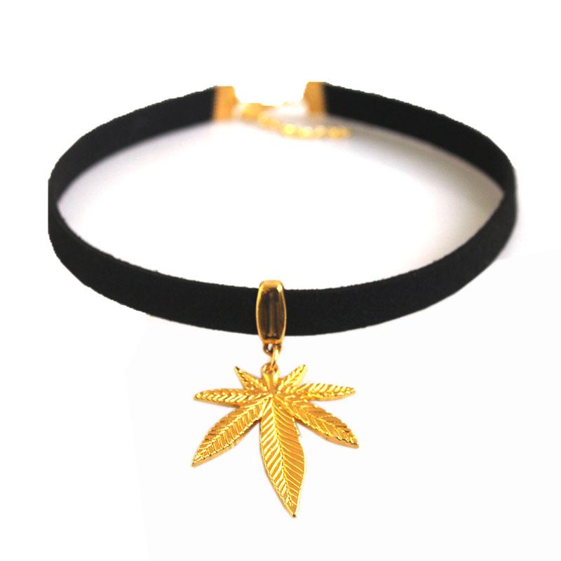 Suede Leather Gold Pot Leaf Choker