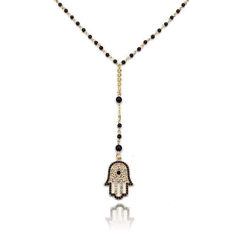 Hamsa Fatima Black Beaded Necklace - Zodeys
