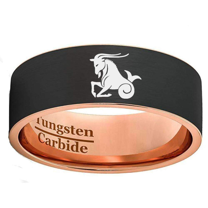 Black Brushed Rose Gold Capricorn Tungsten Carbide Ring - Zodeys