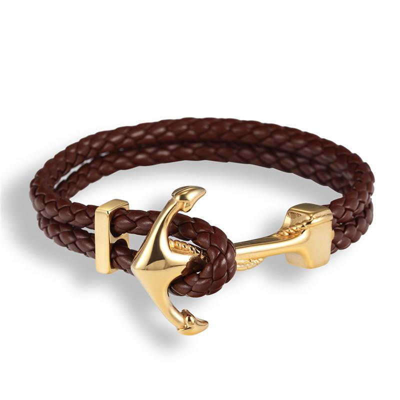 Handmade Braided Vintage Leather Gold Anchor Bracelet - Zodeys