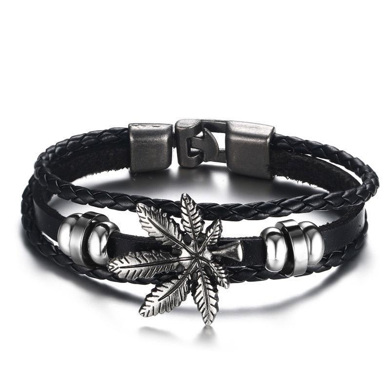 Vintage Silver 420 Leaf Genuine Leather Bracelet - Zodeys