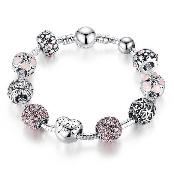 Crystal Ball Love & Flower Antique Silver Charm Bracelet - Zodeys