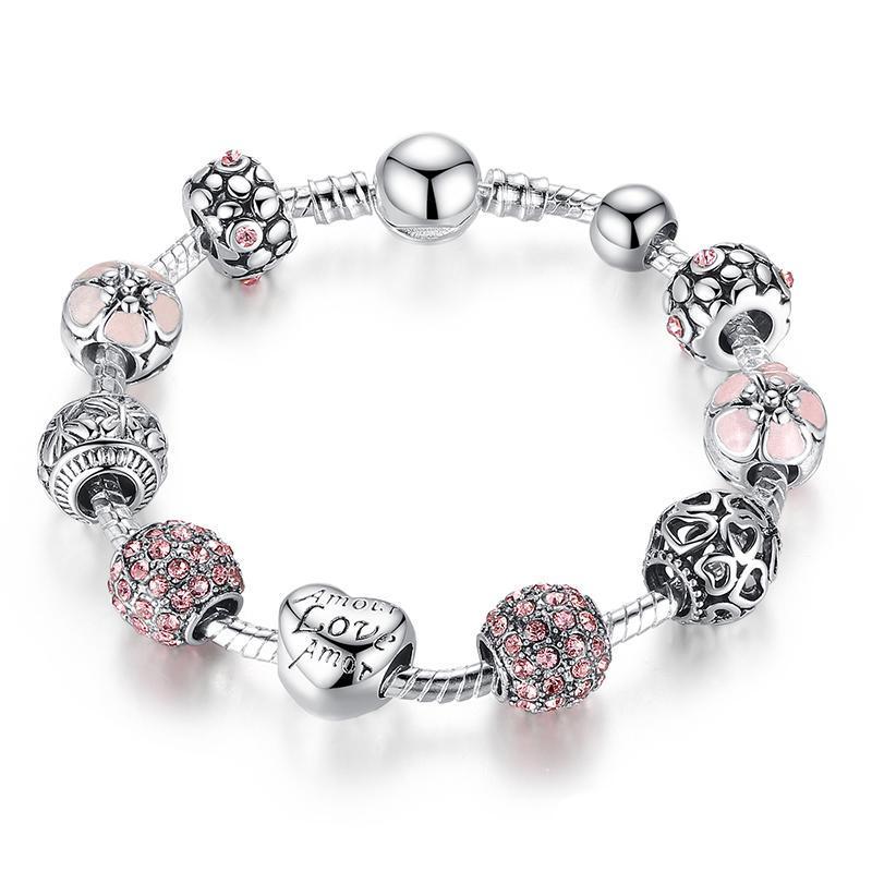 Crystal Ball Love & Flower Antique Silver Charm Bracelet - Zodeys