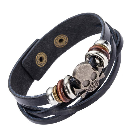 Cráneo Premium Silver & Zinc Leather Skull Bracelet - Zodeys