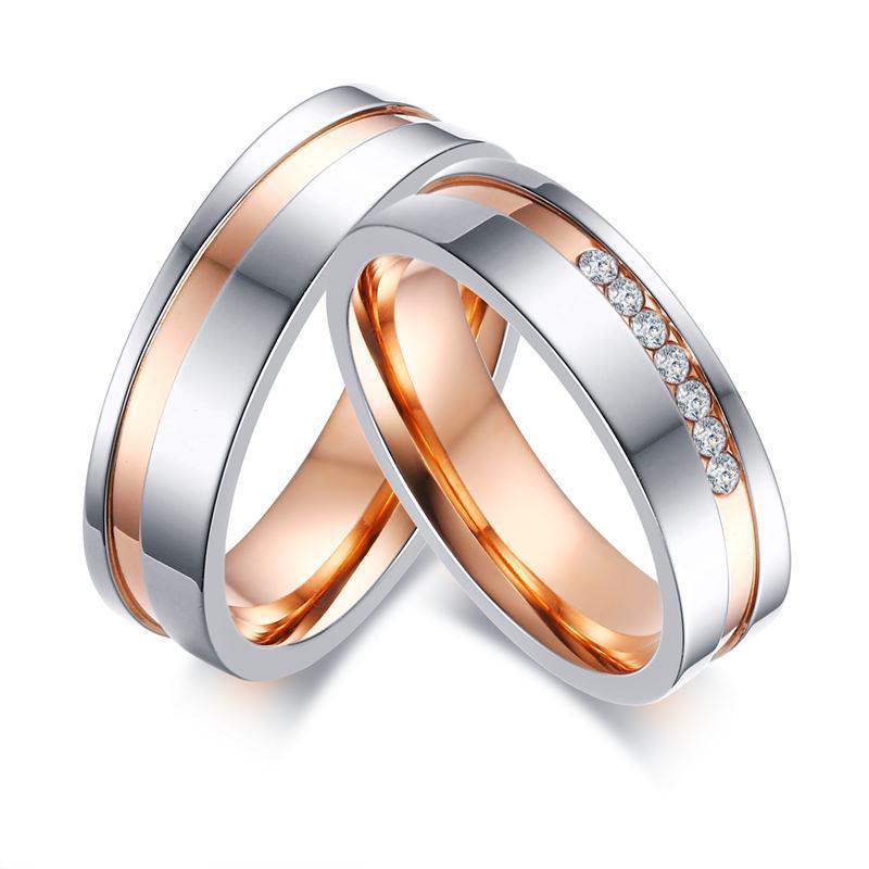 Polished Rose Gold Rhinestone Couple's Rings - Zodeys