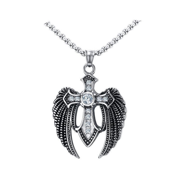 Fallen Angel Rhinestone Winged Cross Necklace - Zodeys