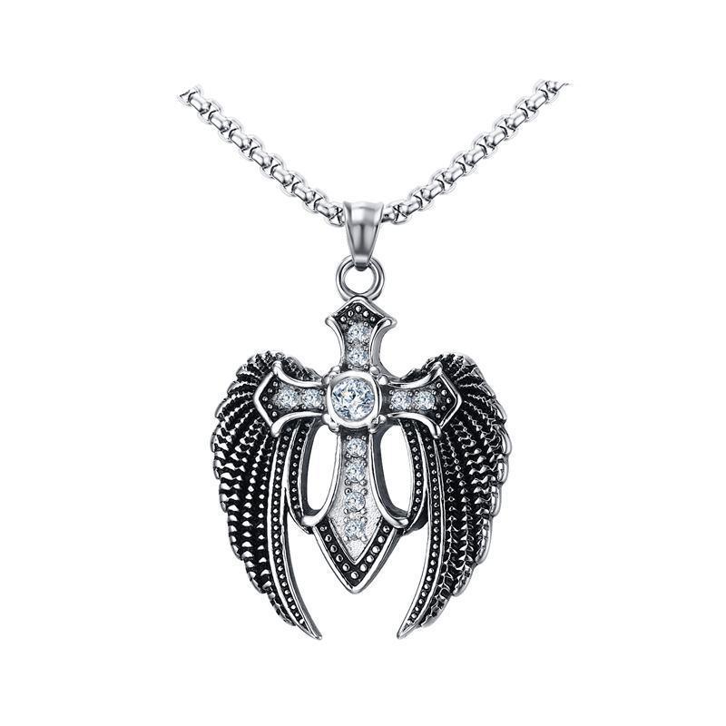 Fallen Angel Rhinestone Winged Cross Necklace - Zodeys