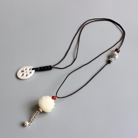 Lucky Fish & Lotus Flower Bodhi Seed Necklace - Zodeys