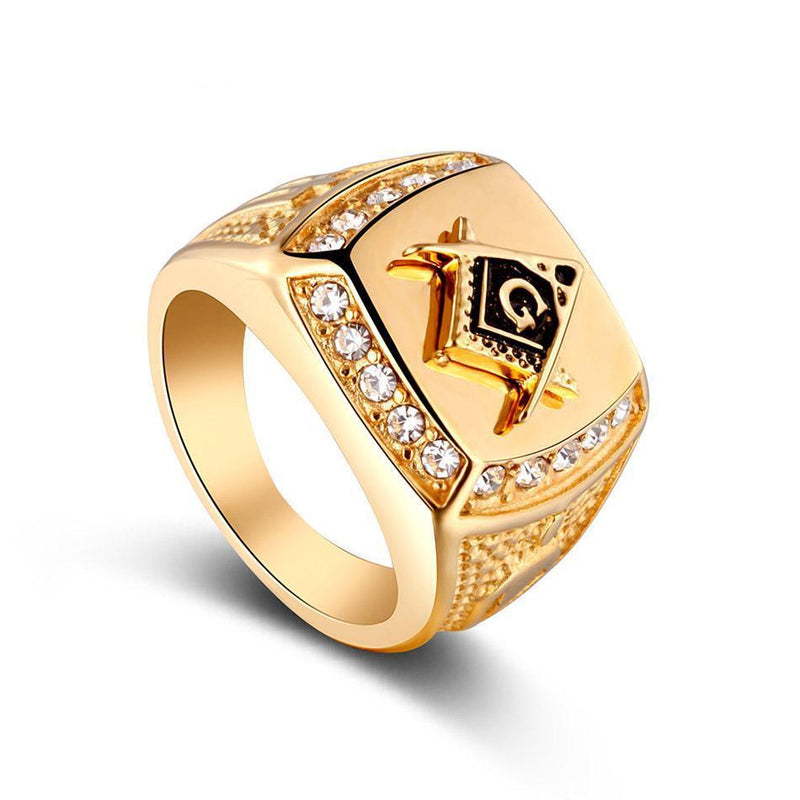 Gold Rhinestone Masonic Signet Ring - Zodeys
