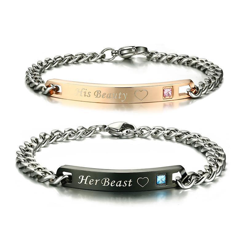 His Beauty & Her Beast Couple's Chain Link Rhinestone Bracelets - Zodeys
