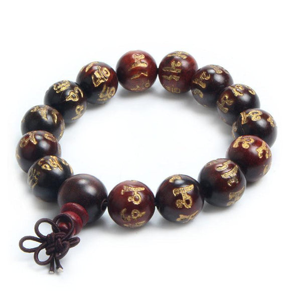Engraved Sanskrit Rosewood Buddhist Prayer Beads Bracelet - Zodeys