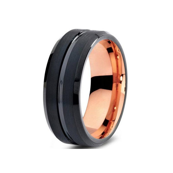 Mid-Groove Onyx Black & Rose Gold Tungsten Carbide Ring - Zodeys