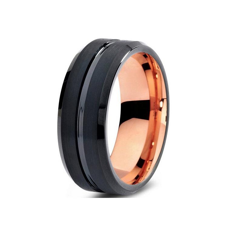 Mid-Groove Onyx Black & Rose Gold Tungsten Carbide Ring - Zodeys