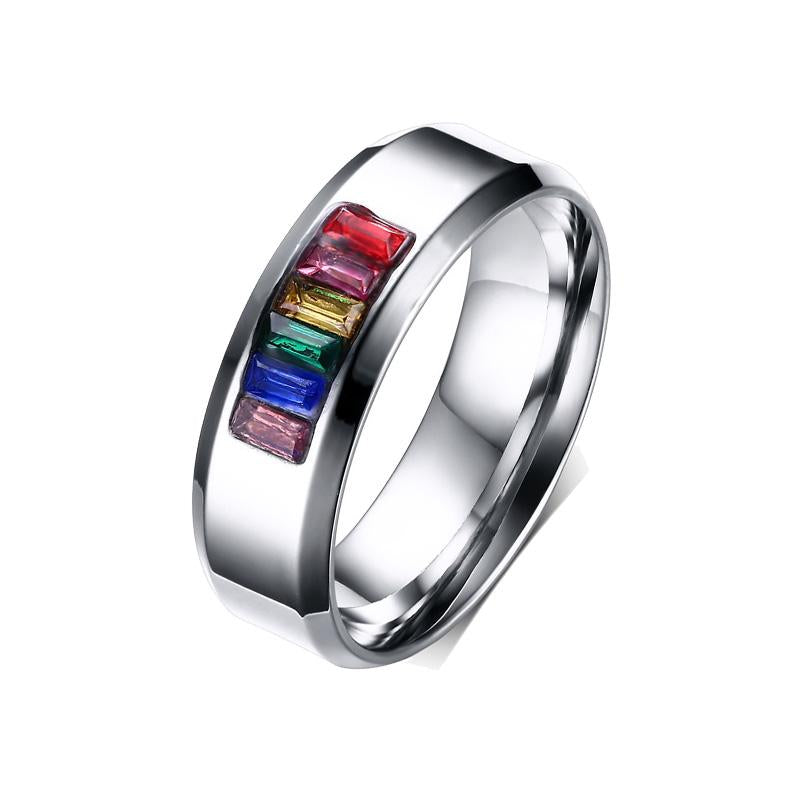 High Polished Premium Steel Rainbow Rhinestone Ring - Zodeys