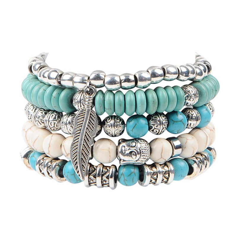 Varado Turquoise Natural Stone Silver Buddha Multi-Layered Bracelet - Zodeys