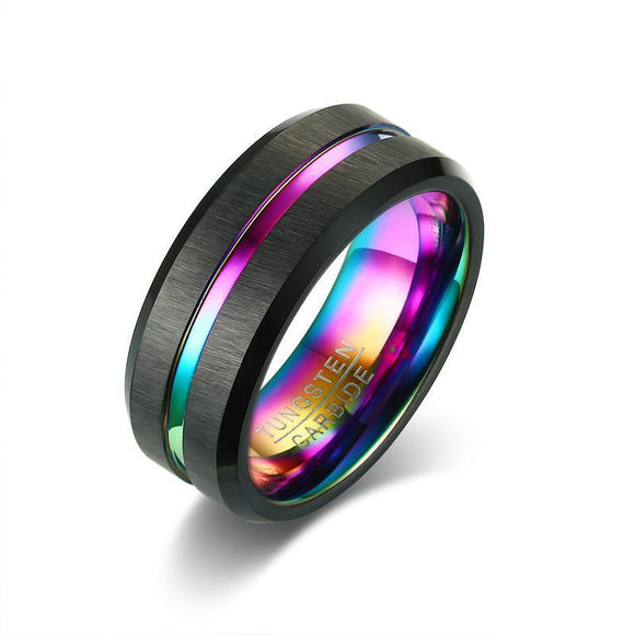 Black Brushed Rainbow Grooved Tungsten Carbide Ring - Zodeys