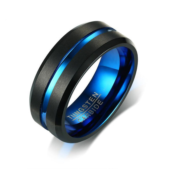 Blue Carbon Fiber Grooved Matte Finished Tungsten Ring - Zodeys