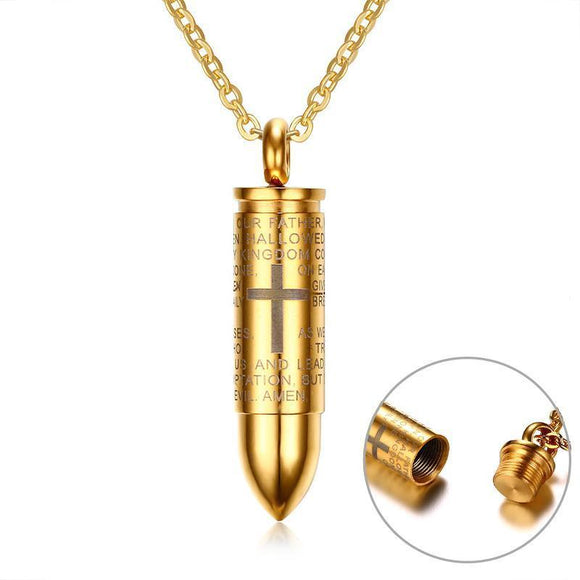 Engraved Lord's Prayer & Cremation Storage Bullet Necklace - Zodeys