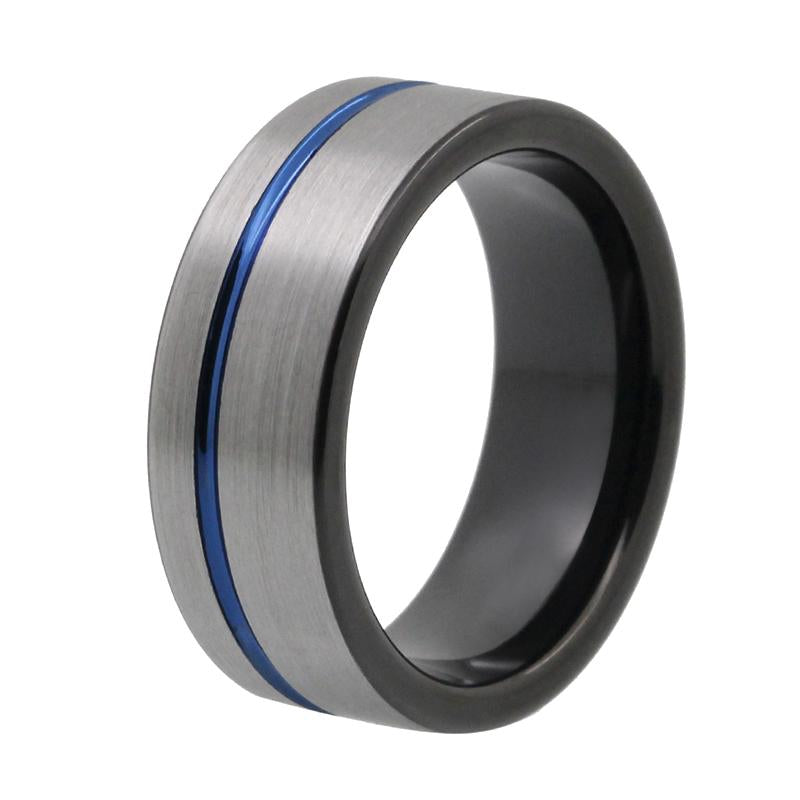 Grooved Ocean Black Silver Brushed Tungsten Ring - Zodeys