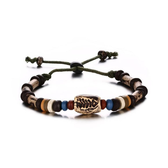 Fish Bone & Porcelain Beads Braided Leather Bracelet - Zodeys