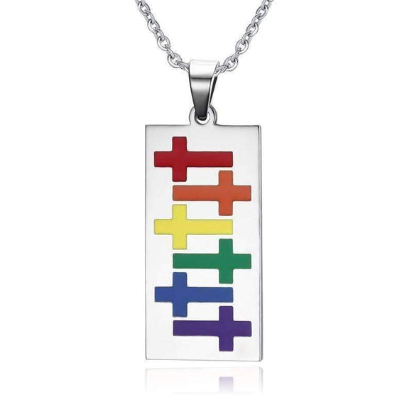 Rainbow Cross LGBT Pride Dog Tag Pendant Necklace - Zodeys